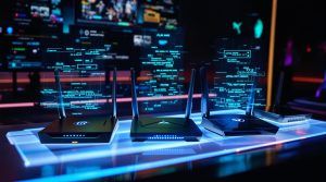 Futuristic routers with data visualizations.