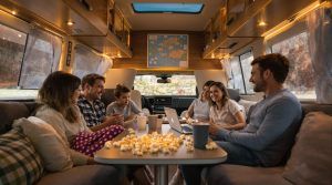 Family enjoying popcorn and a movie inside a campervan.