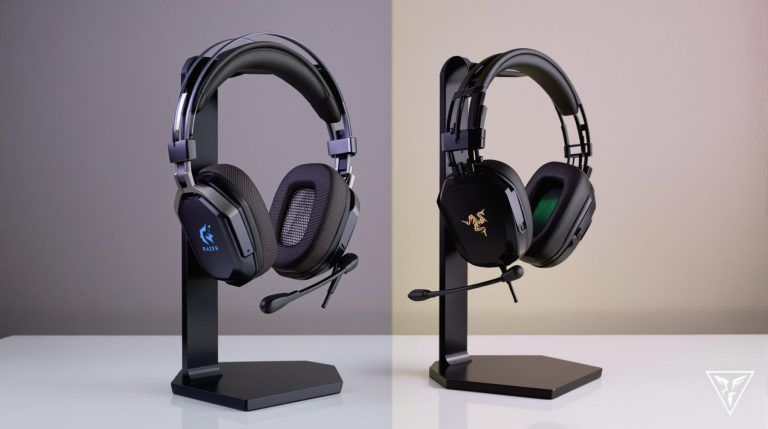 Two Razer gaming headsets on stands