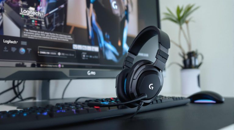 Logitech G Pro gaming headset on a keyboard.