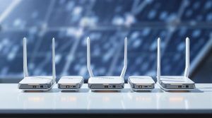 Five modern white routers in a row.