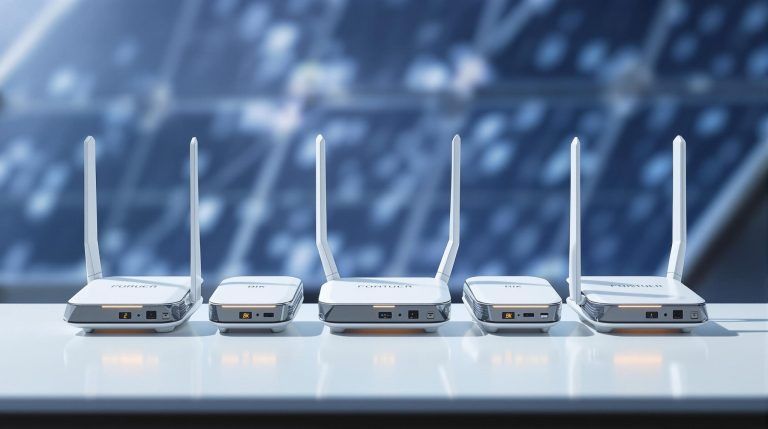 Five modern white routers in a row.